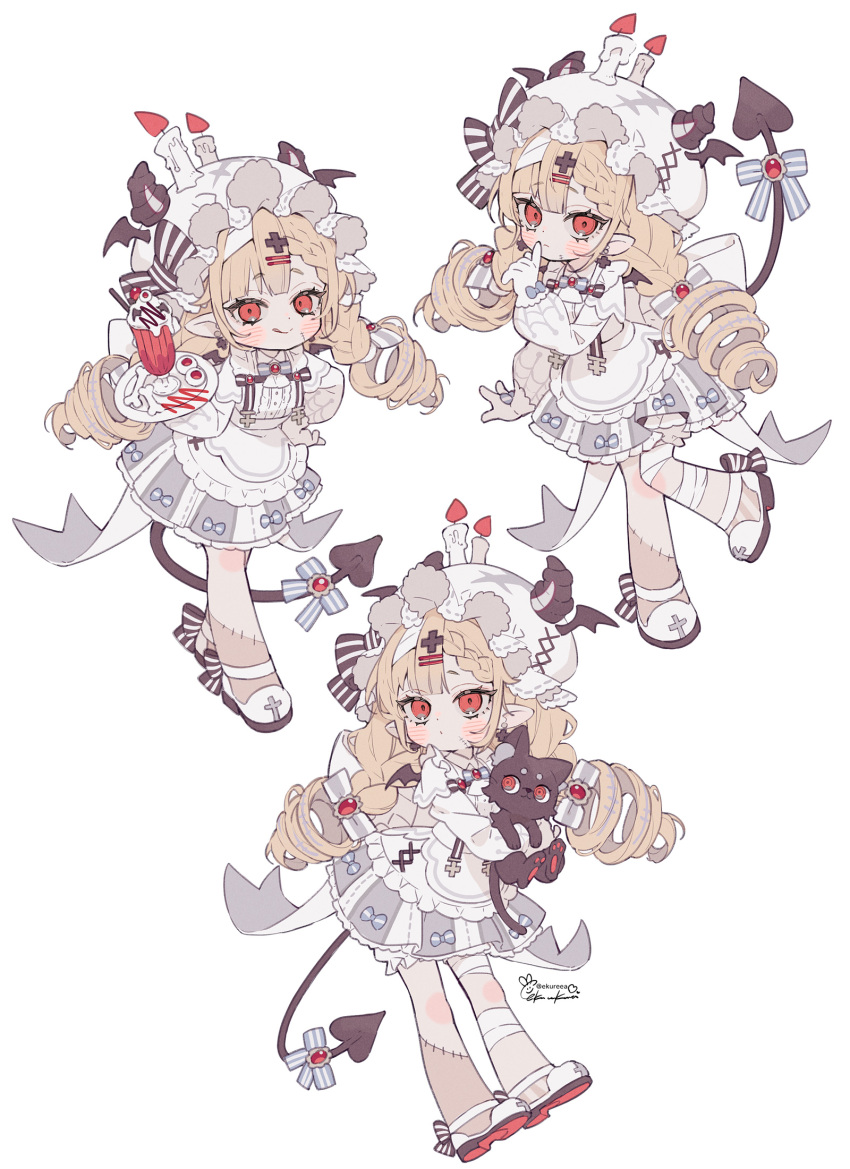 1girl, apron, artist_name, bat_wings, black_cat, black_horns, blonde_hair, blush