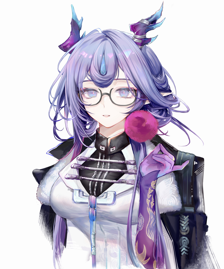 1girl, absurdres, arknights, black_jacket, blue_eyes, commentary_request, dragon_horns, dress