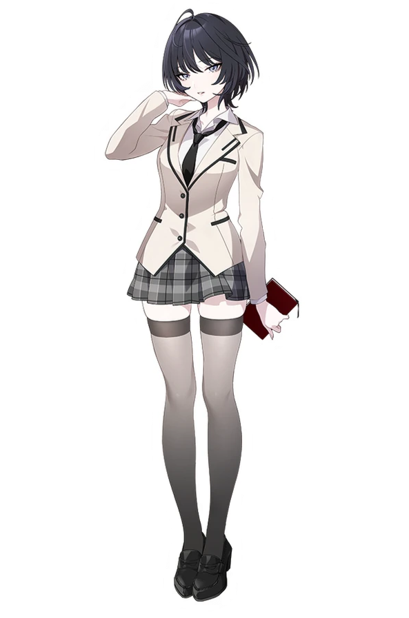 1girl, ahoge, black_necktie, black_shoes, black_thighhighs, blue_eyes, book, collared_shirt
