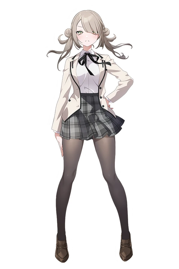 1girl, black_pantyhose, black_ribbon, brown_shoes, closed_mouth, collared_shirt, d4dj, double_bun