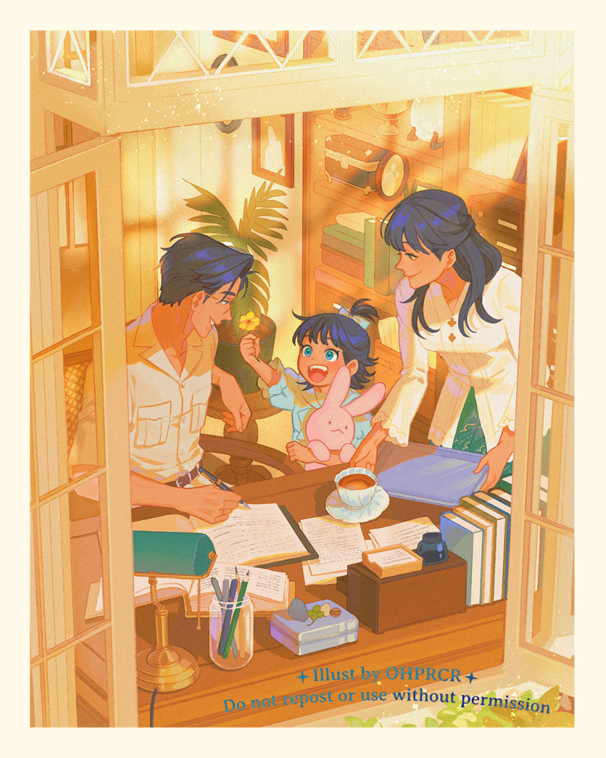 black_hair, blue_eyes, book, chair, child, commentary, desk, desk_lamp