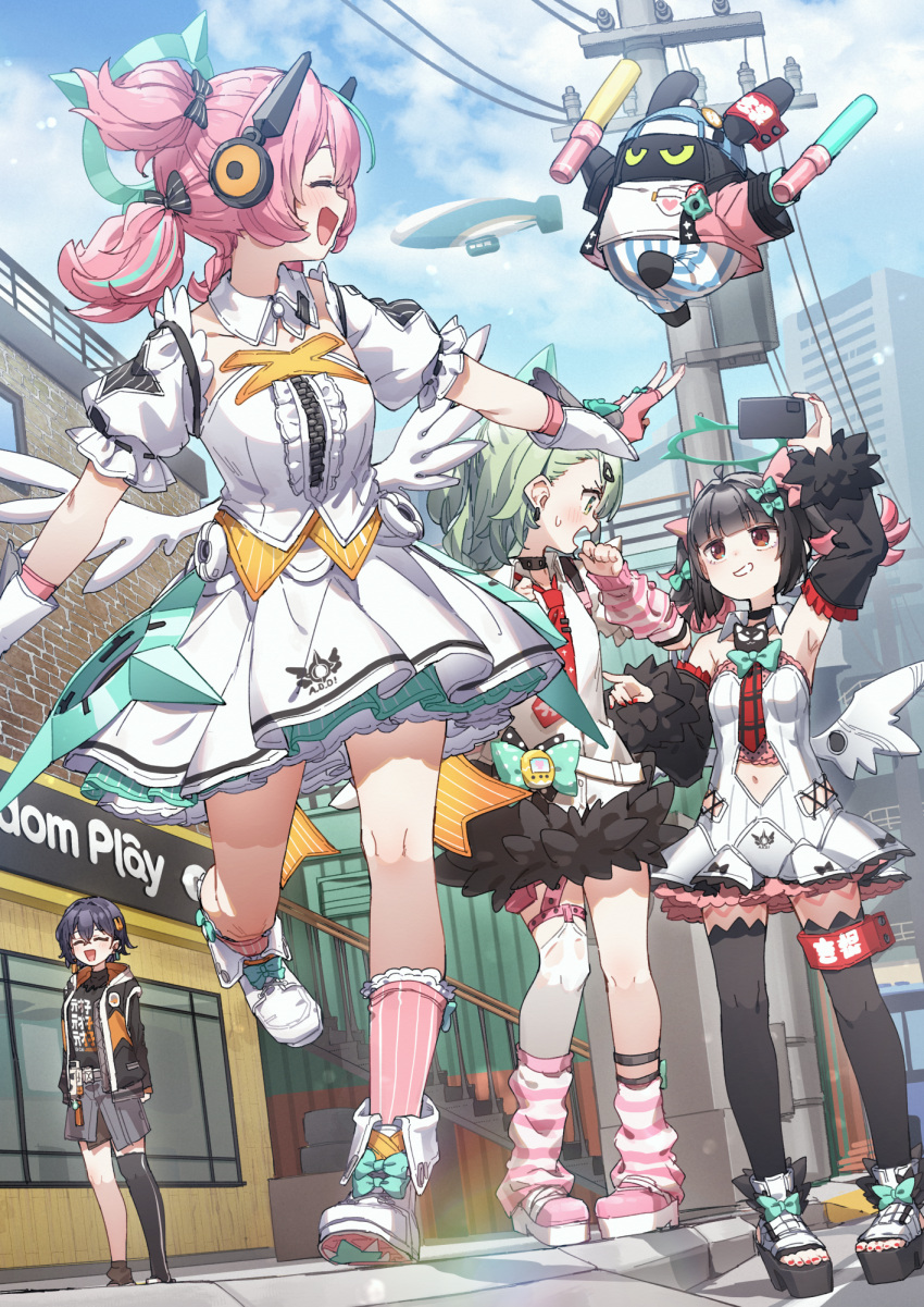 4girls, :d, ^_^, aircraft, angel_wings, angels_of_delusion, aria_(zenless_zone_zero), arm_up
