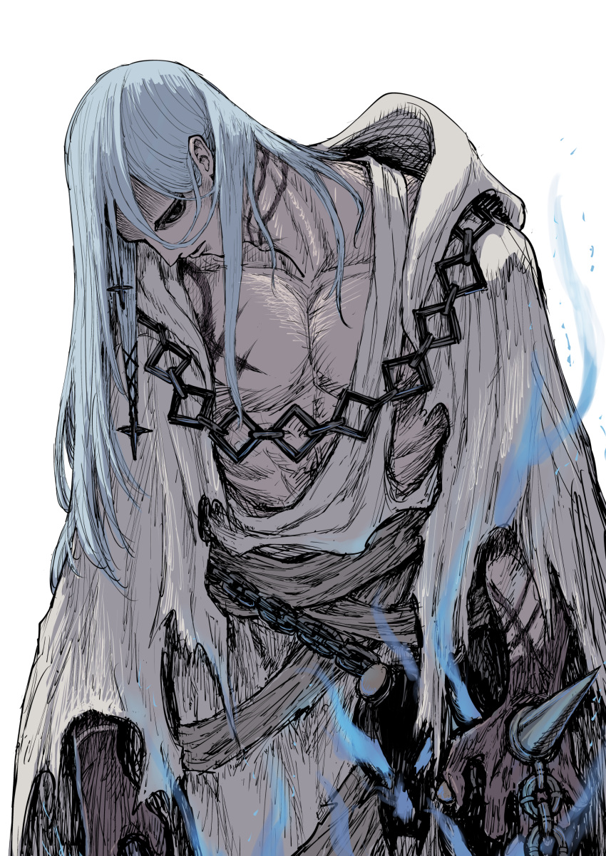 1boy, absurdres, adam's_apple, azrael_(grand_assassin)_(fate), black_eyes, black_hands, blue_hair, center_opening