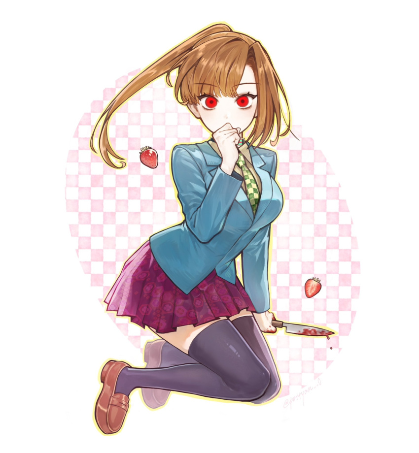 1girl, black_thighhighs, brown_shoes, chidouin_sara, clenched_hand, commentary, covering_own_mouth, food