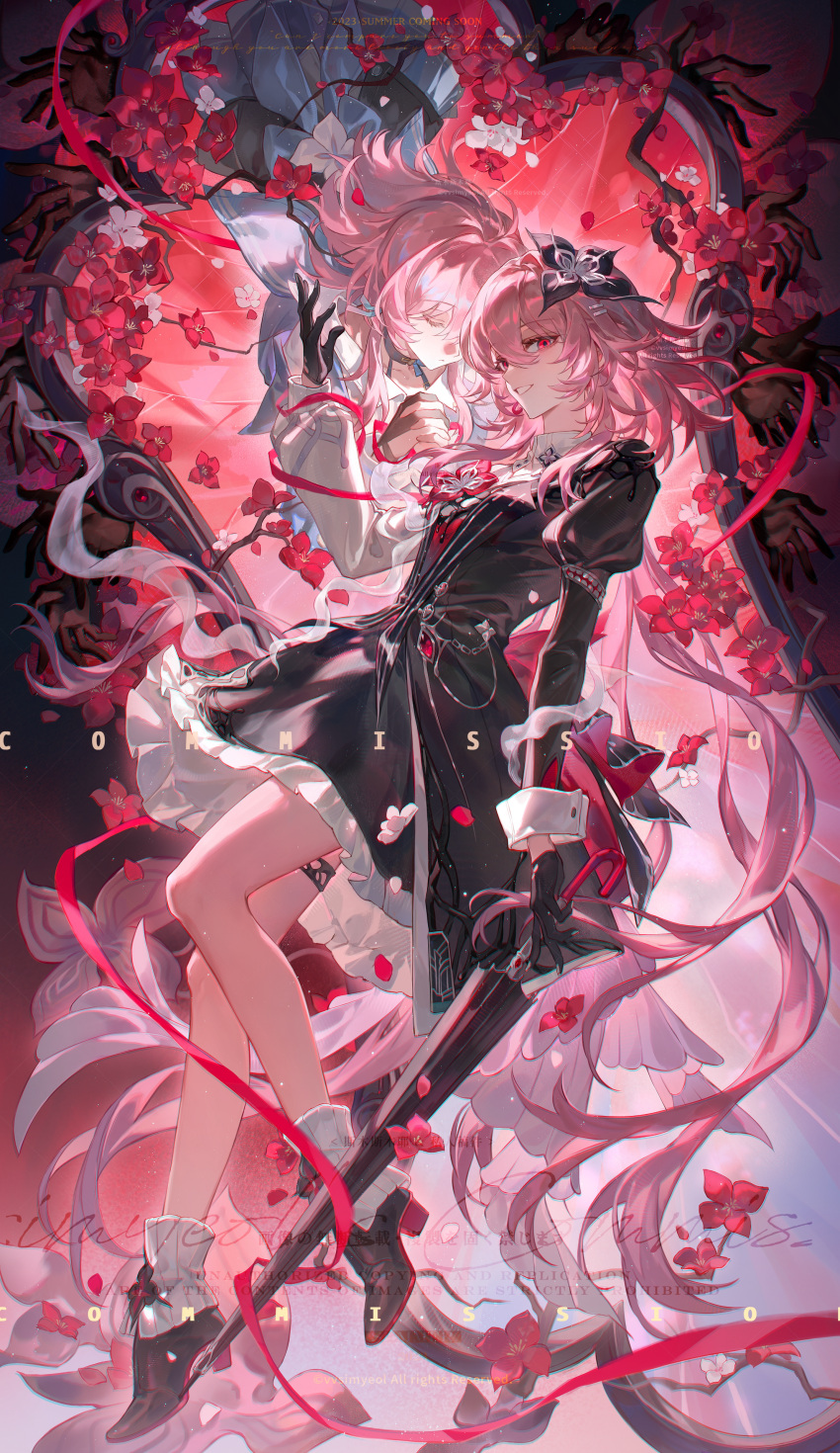 2girls, absurdres, asymmetrical_sleeves, black_choker, black_flower, black_gloves, branch, chinese_commentary, choker, closed_eyes, commentary_request, commission, dress, dual_persona, evernight_(honkai:_star_rail), floating_hair, flower, full_body, gloves, hair_between_eyes, hair_ornament, hairclip, hand_up, highres, holding, holding_umbrella, honkai:_star_rail, honkai_(series), layered_dress, long_hair, long_sleeves, looking_at_viewer, march_7th_(honkai:_star_rail), march_7th_(preservation)_(honkai:_star_rail), medium_hair, mismatched_sleeves, multiple_girls, own_hands_clasped, own_hands_together, partially_fingerless_gloves, pink_hair, red_eyes, red_flower, ribbon, shoes, single_glove, skirt, smile, smusmuye, thigh_strap, umbrella, very_long_hair, white_flower