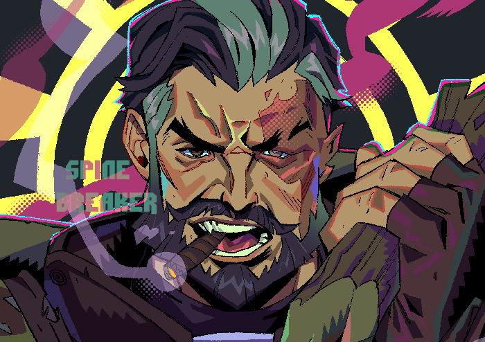 1boy, artist_name, beard, breaking_spine, deadlock_(game), english_commentary, facial_hair, holding