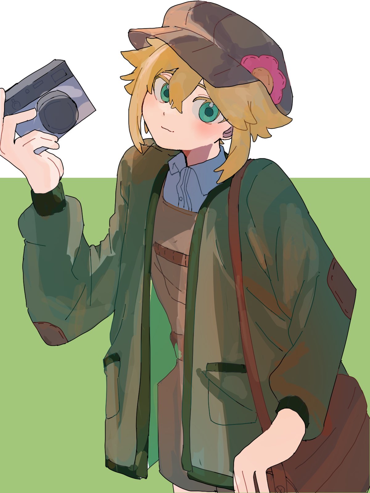 1boy, :3, bag, basil_(birthday)_(omori), basil_(faraway)_(omori), basil_(omori), blonde_hair, brown_bag