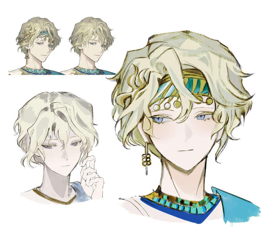 1boy, 6_(by_the_razed_polis)_(reverse:1999), 6_(reverse:1999), alternate_hair_length, alternate_hairstyle, blonde_hair, blue_eyes, earrings
