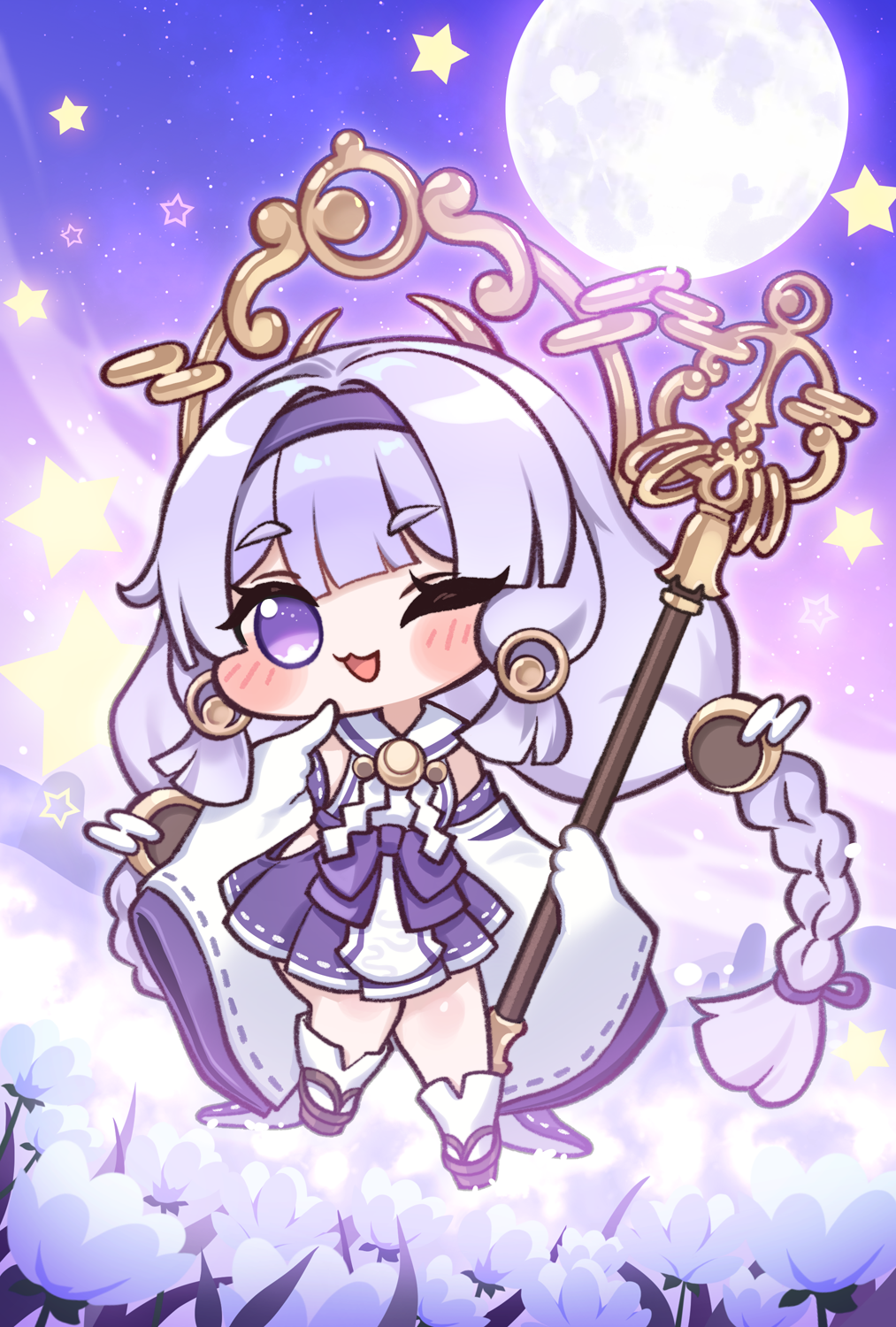 1girl, :3, blunt_bangs, braid, brown_sandals, chibi, chibi_only, clothing_cutout