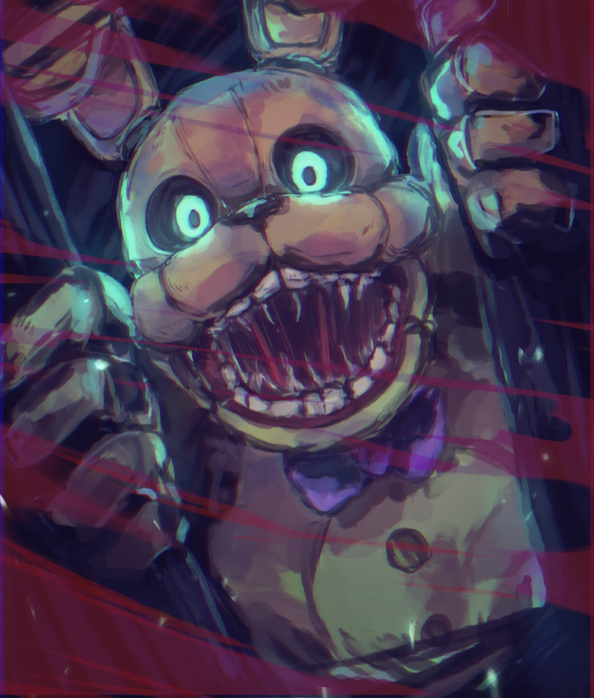 animal_ears, animal_nose, animatronic, arumia, bow, bowtie, commentary_request, fangs