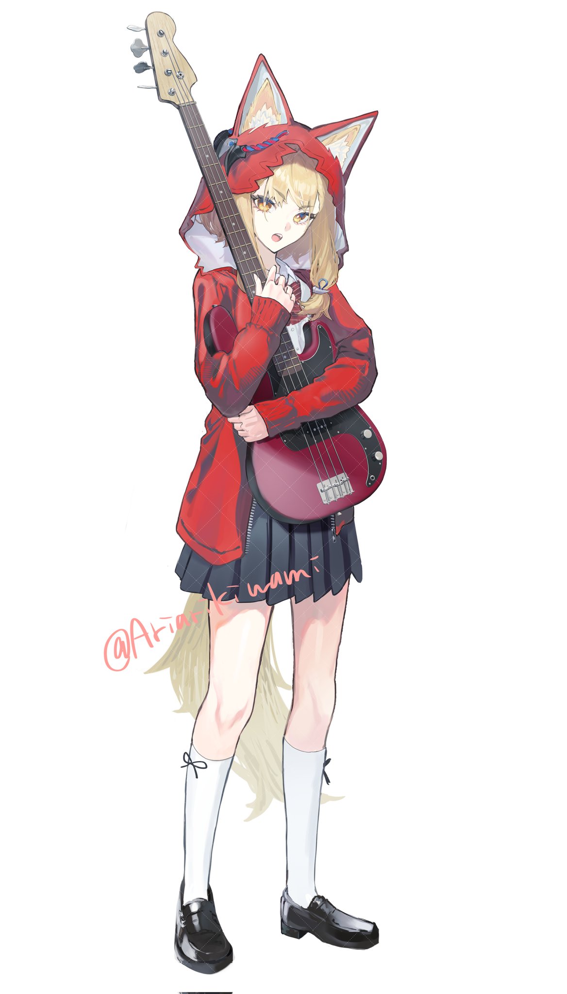 1girl, alternate_costume, animal_ears, arichi_(ariarikiwami), arknights, arknights:_endfield, black_shoes, black_skirt, blonde_hair, bow, bowtie, corrupted_twitter_file, diagonal-striped_bow, diagonal-striped_bowtie, diagonal-striped_clothes, ears_through_headwear, full_body, guitar, highres, holding, holding_guitar, holding_instrument, hood, hood_up, hooded_jacket, instrument, jacket, long_hair, looking_at_viewer, miniskirt, open_mouth, pleated_skirt, red_bow, red_bowtie, red_jacket, rossi_(arknights), shirt, shoes, signature, simple_background, skirt, socks, solo, standing, striped_bow, striped_bowtie, striped_clothes, tail, teeth, upper_teeth_only, watermark, watermark_grid, white_background, white_shirt, white_socks, wolf_ears, wolf_girl, wolf_tail, yellow_eyes