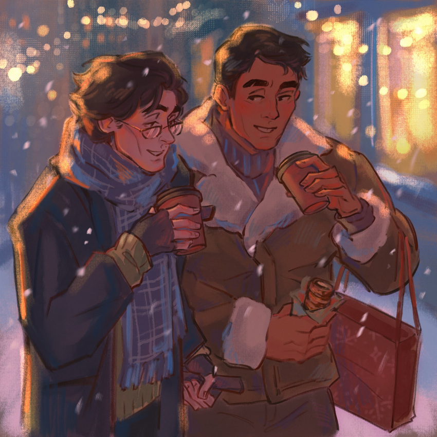 2boys, arcane:_league_of_legends, arcane_jayce, bag, bespectacled, black_coat, black_gloves, brown_hair