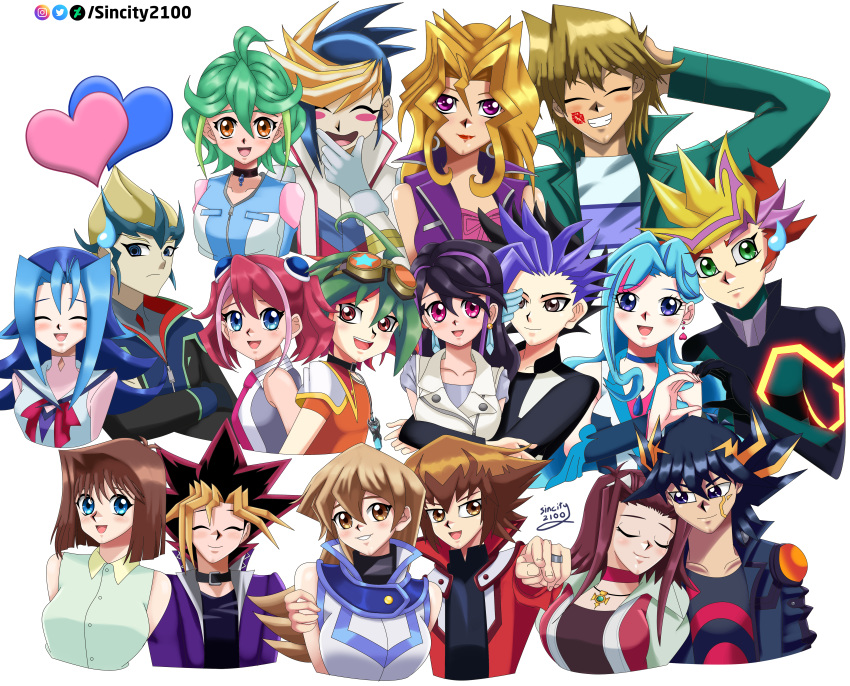 arms_behind_back, back_to_back, black_hair, blonde_hair, blue_eyes, blue_hair, brown_eyes, brown_hair