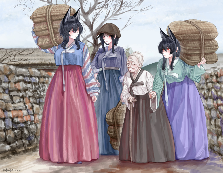 4girls, absurdres, animal_ear_fluff, animal_ears, bare_tree, black_hair, blue_shirt, blue_skirt