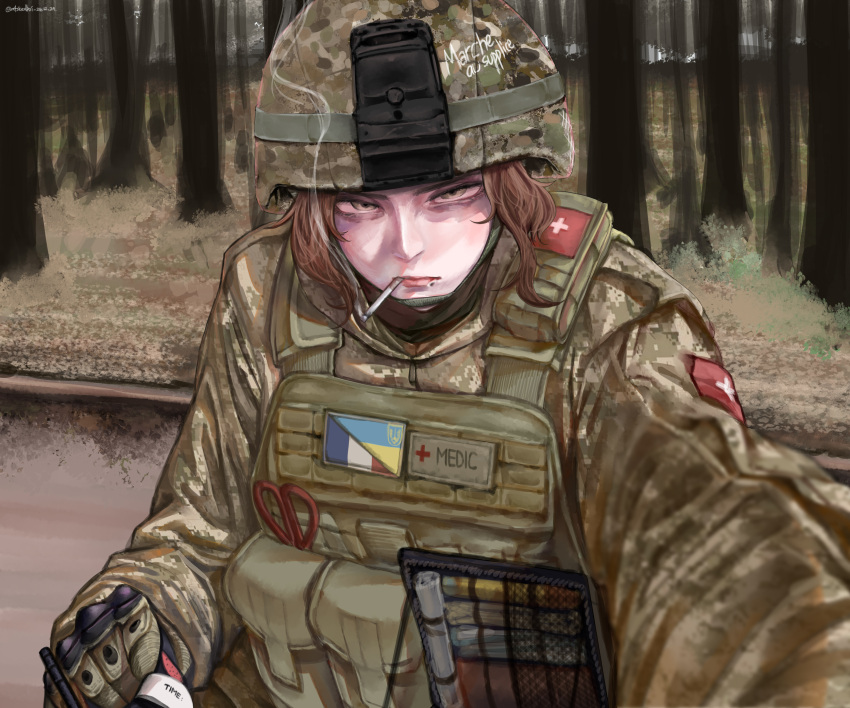 1girl, absurdres, ammunition_pouch, camouflage, camouflage_headwear, camouflage_jacket, chest_rig, cigarette, combat_helmet, commission, cross, day, digital_camouflage, english_commentary, english_text, expressionless, fast_helmet, first_aid, forest, french_flag, french_text, green_eyes, helmet, highres, jacket, lips, load_bearing_vest, m4skedboi, messy_hair, military, military_combat_uniform, military_medic, military_uniform, mm14, mole, mole_under_mouth, natalie_(qvit11), nature, original, outdoors, patch, pouch, pov, red_cross, red_hair, russo-ukrainian_war, scissors, short_hair, smoke, smoking, soldier, tourniquet, translated, tree, tryzub, ukraine, ukrainian_flag, war, woodland_camouflage