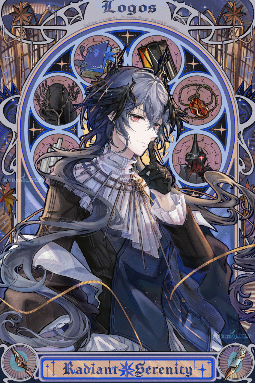 1boy, absurdres, ambience_synesthesia, arknights, art_nouveau, ascot, black_gloves, black_jacket