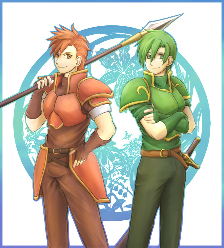 abel_(fire_emblem), armor, belt, cain_(fire_emblem), character_request, crossed_arms, fingerless_gloves, fire_emblem
