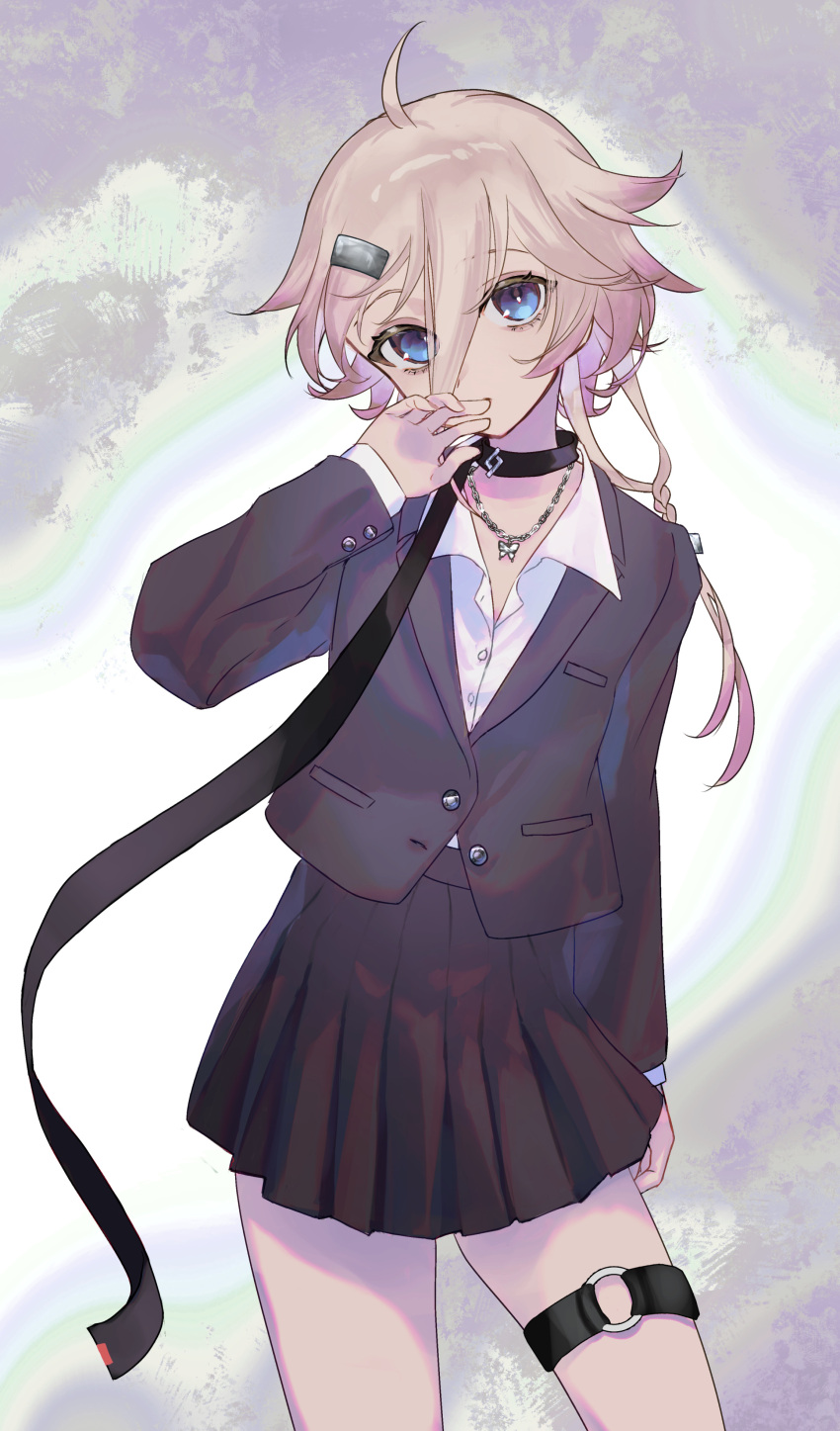 1girl, absurdres, ahoge, alternate_costume, black_collar, black_jacket, black_skirt, blonde_hair