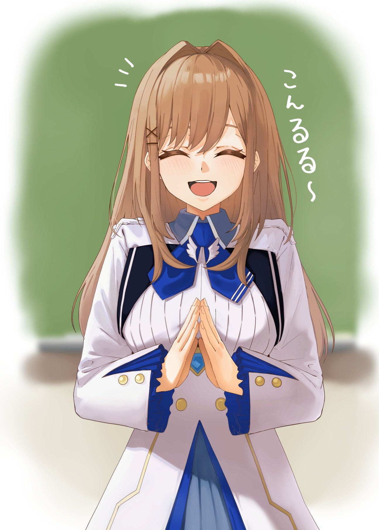 1girl, :d, ^_^, blue_neckerchief, blurry, blurry_background, blush, brown_hair