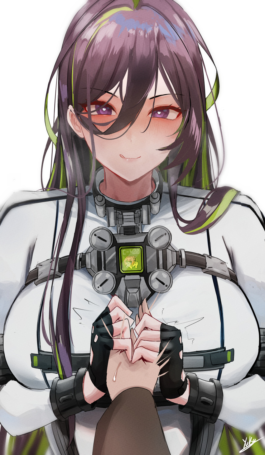 1boy, 1girl, absurdres, black_gloves, breasts, brown_hair, closed_mouth, commander_(nikke)