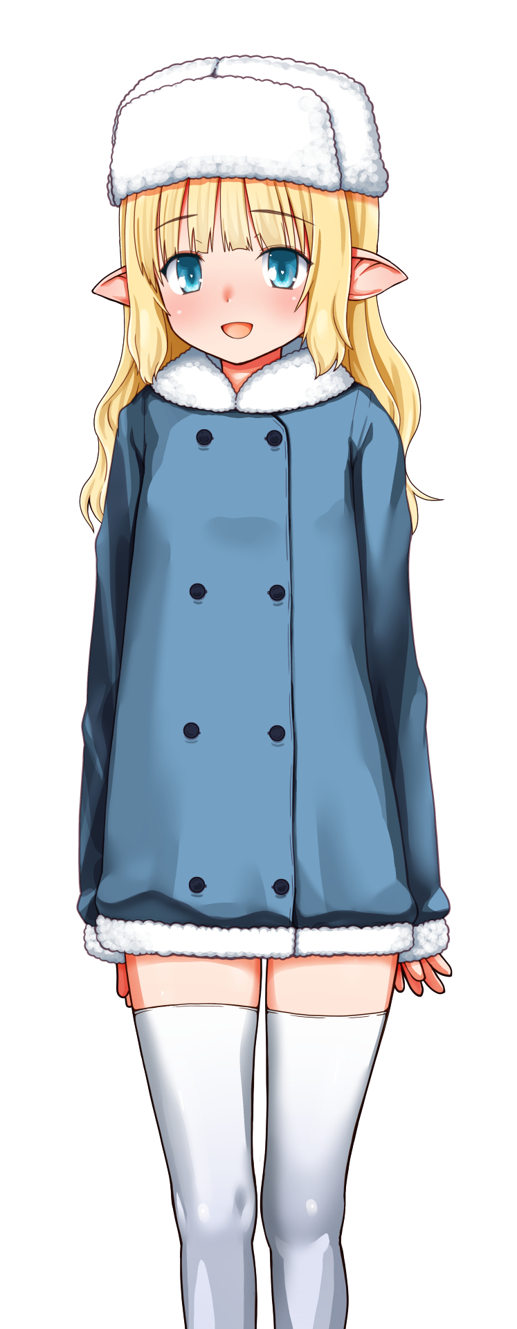 1girl, blonde_hair, blue_coat, blue_eyes, blush, coat, commentary_request, elf
