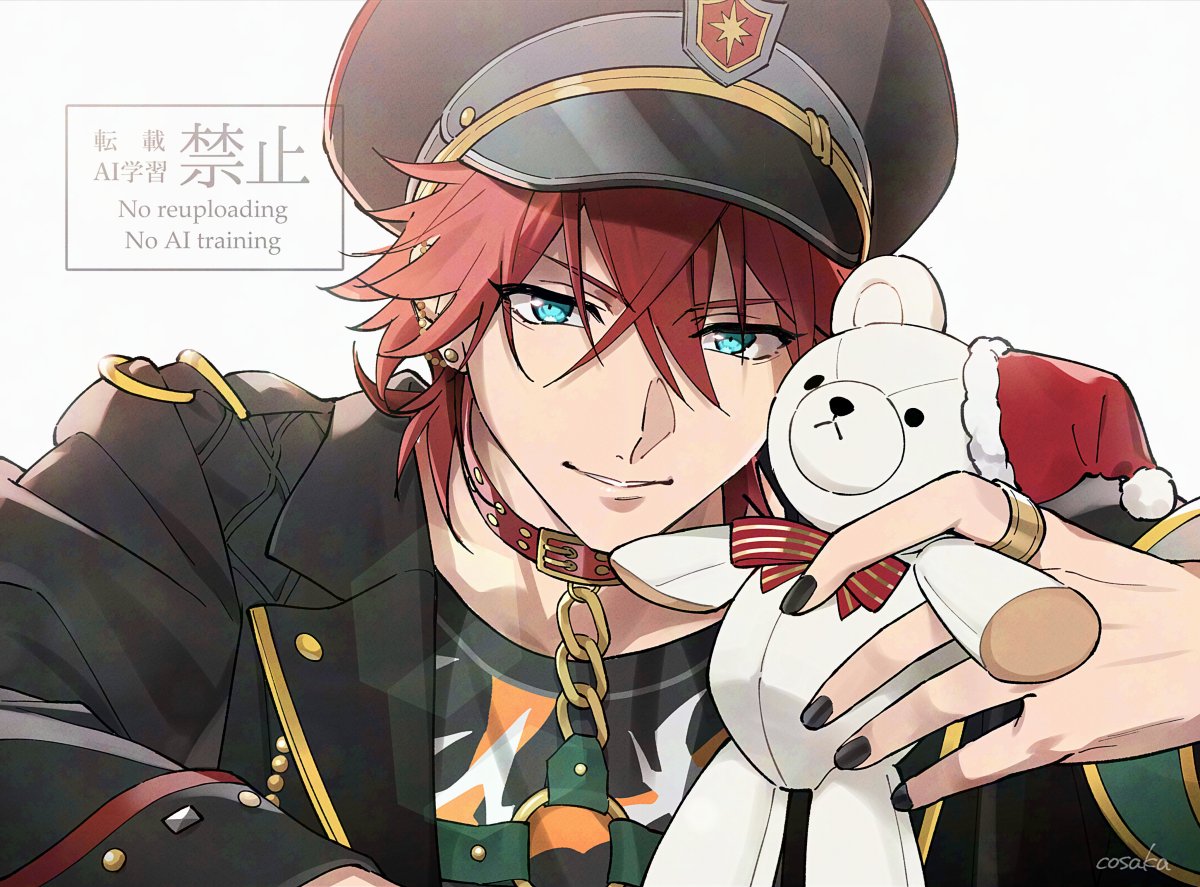 1boy, amagi_rinne, artist_name, black_hat, black_jacket, black_nails, blue_eyes, chain