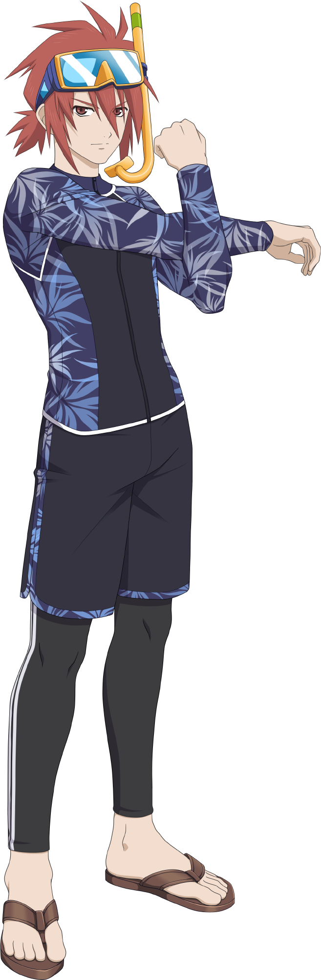 1boy, artist_request, black_male_swimwear, blue_male_swimwear, brown_eyes, brown_sandals, closed_mouth, diving_mask