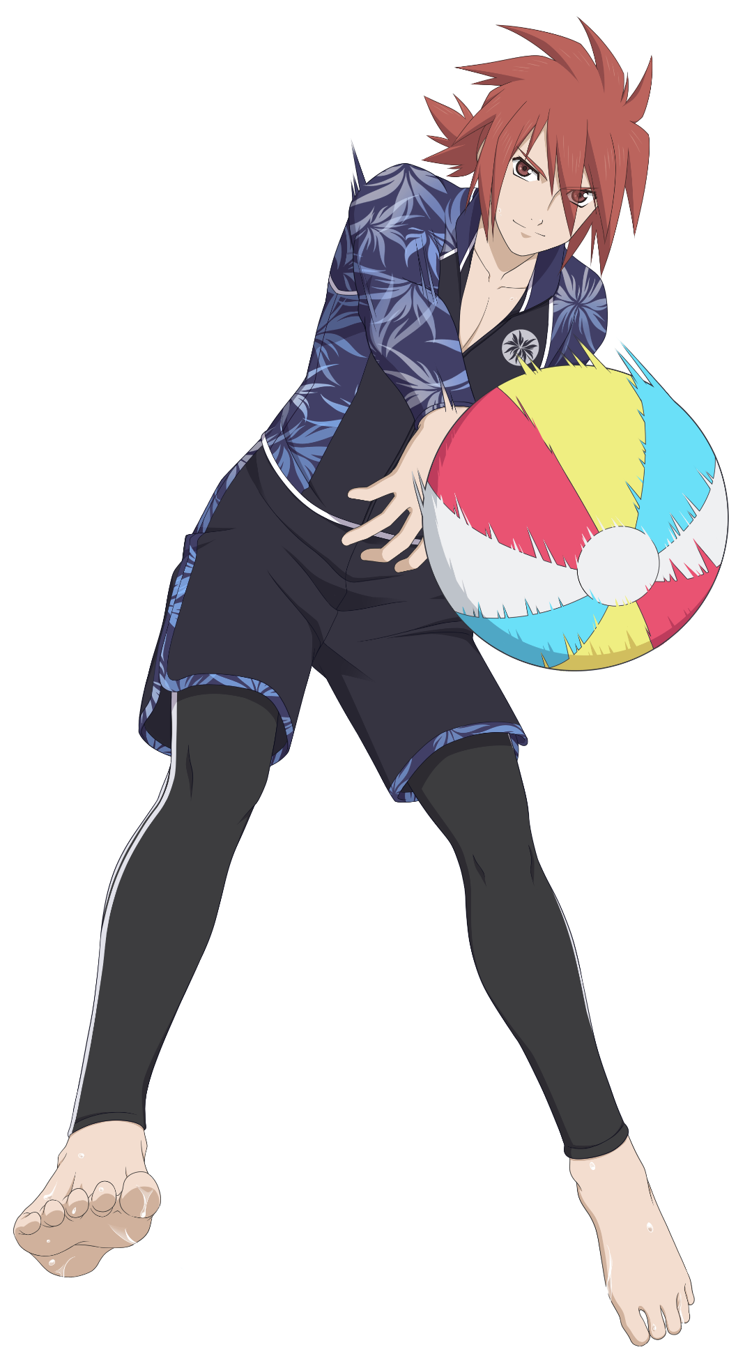 1boy, artist_request, ball, barefoot, beachball, black_male_swimwear, blue_male_swimwear, brown_hair