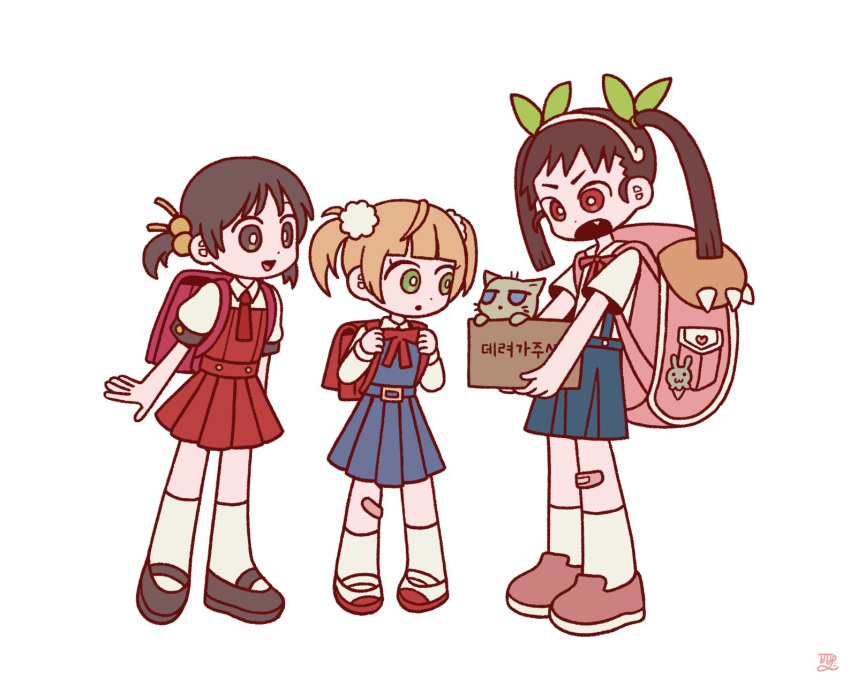 3girls, ascot, backpack, bag, bag_charm, bandaid, bandaid_on_leg, belt