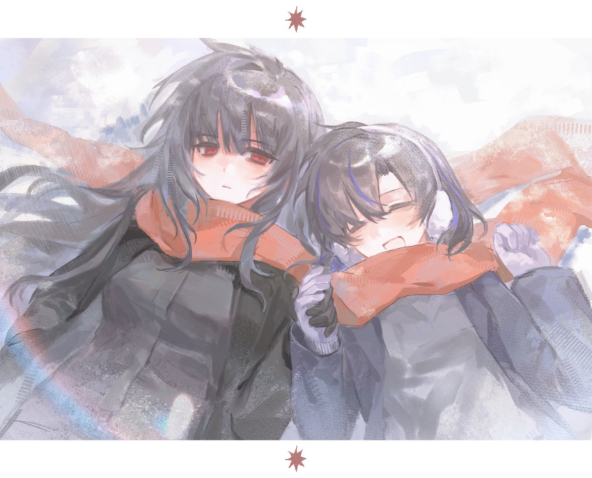 2girls, :d, ^_^, araya_(project_moon), black_gloves, black_hair, black_jacket, black_shirt, blue_jacket, blue_streaks, closed_eyes, commentary, earmuffs, gloves, highres, holding_hands, jacket, limbus_company, long_hair, long_sleeves, mother_and_daughter, multicolored_hair, multiple_girls, mushinooo11, open_mouth, project_moon, purple_gloves, red_eyes, red_scarf, ryoshu_(project_moon), scarf, shared_clothes, shared_scarf, shirt, short_hair, sidelocks, smile, snow, streaked_hair, untranslatable_commentary, winter_clothes