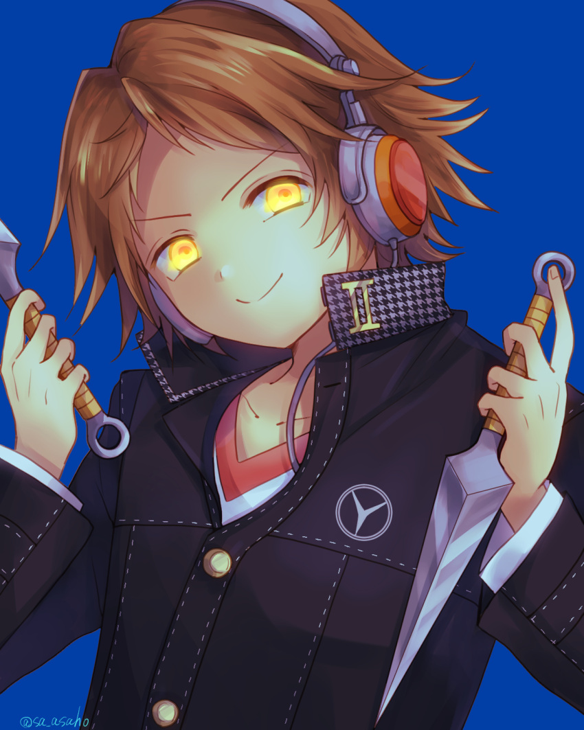 >:), 1boy, asaho, black_jacket, blue_background, blush, brown_hair, closed_mouth