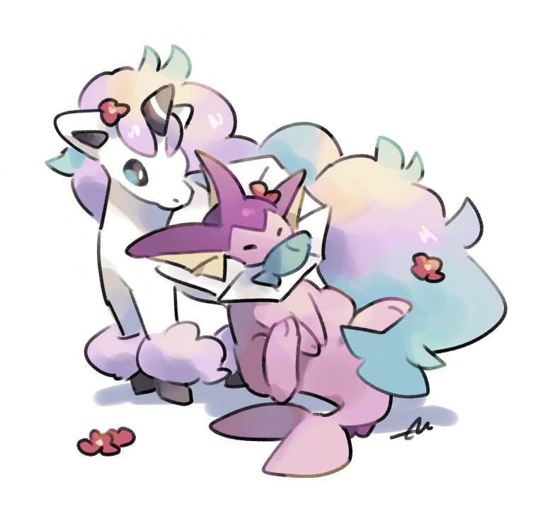alternate_color, aqua_hair, blue_eyes, chinese_commentary, commentary_request, galarian_ponyta, horns, lying
