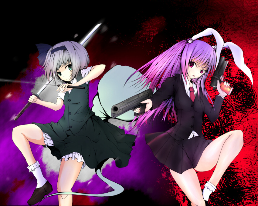 animal_ears, blazer, bloomers, bobby_socks, bunny_ears, dress_shirt, dual_wielding, ghost, green_eyes, green_hair, gun, hairband, hal_(ojou), hitodama, katana, konpaku_youmu, konpaku_youmu_(ghost), multiple_girls, necktie, purple_eyes, purple_hair, red_eyes, reisen_udongein_inaba, shirt, silver_hair, skirt, socks, sword, touhou, vest, weapon, white_legwear