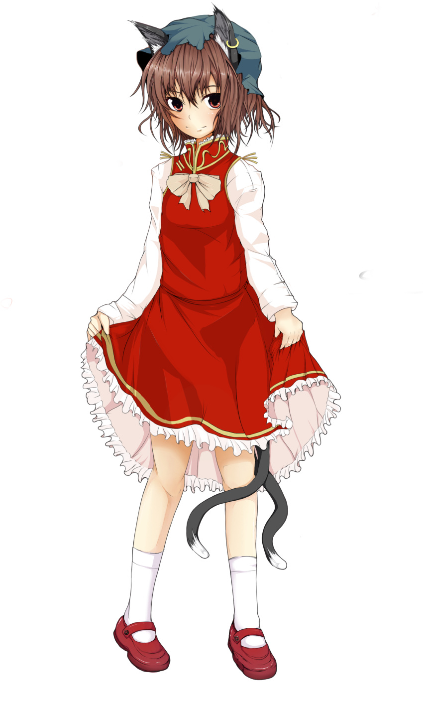 absurdres, animal_ears, brown_eyes, brown_hair, cat_ears, cat_tail, chen, dress