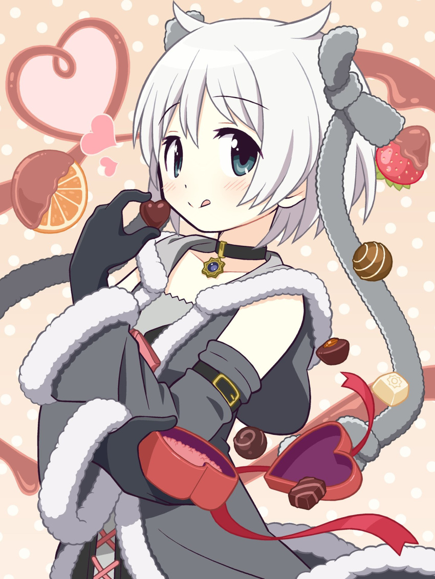 1girl, :q, anime_coloring, aqua_eyes, arm_belt, azusa_mifuyu, bare_shoulders, belt, belt_buckle, black_belt, black_collar, black_dress, black_gloves, black_vest, bow, box, box_of_chocolates, buckle, candy, chocolate, chocolate-covered_food, chocolate_strawberry, closed_mouth, collar, commentary_request, cowboy_shot, cross-laced_vest, detached_sleeves, dot_nose, dress, food, fruit, fur-trimmed_dress, fur-trimmed_hood, fur-trimmed_sleeves, fur_trim, gecchu, gem, gloves, gold_buckle, grey_bow, grey_gem, grey_hair, grey_shirt, hair_between_eyes, hair_bow, hair_horns, happy, heart, heart-shaped_box, heart-shaped_chocolate, heart-shaped_food, highres, holding, holding_box, holding_chocolate, holding_food, hood, hood_down, hooded_dress, light_blush, long_hair, looking_at_viewer, magia_record:_mahou_shoujo_madoka_magica_gaiden, magical_girl, mahou_shoujo_madoka_magica, official_style, orange_(fruit), orange_background, orange_slice, polka_dot, polka_dot_background, red_ribbon, ribbon, shirt, shirt_under_dress, short_hair, sleeveless, sleeveless_dress, smile, solo, spill, standing, tareme, tongue, tongue_out, valentine, very_long_hair, vest, white_hair, wide_sleeves