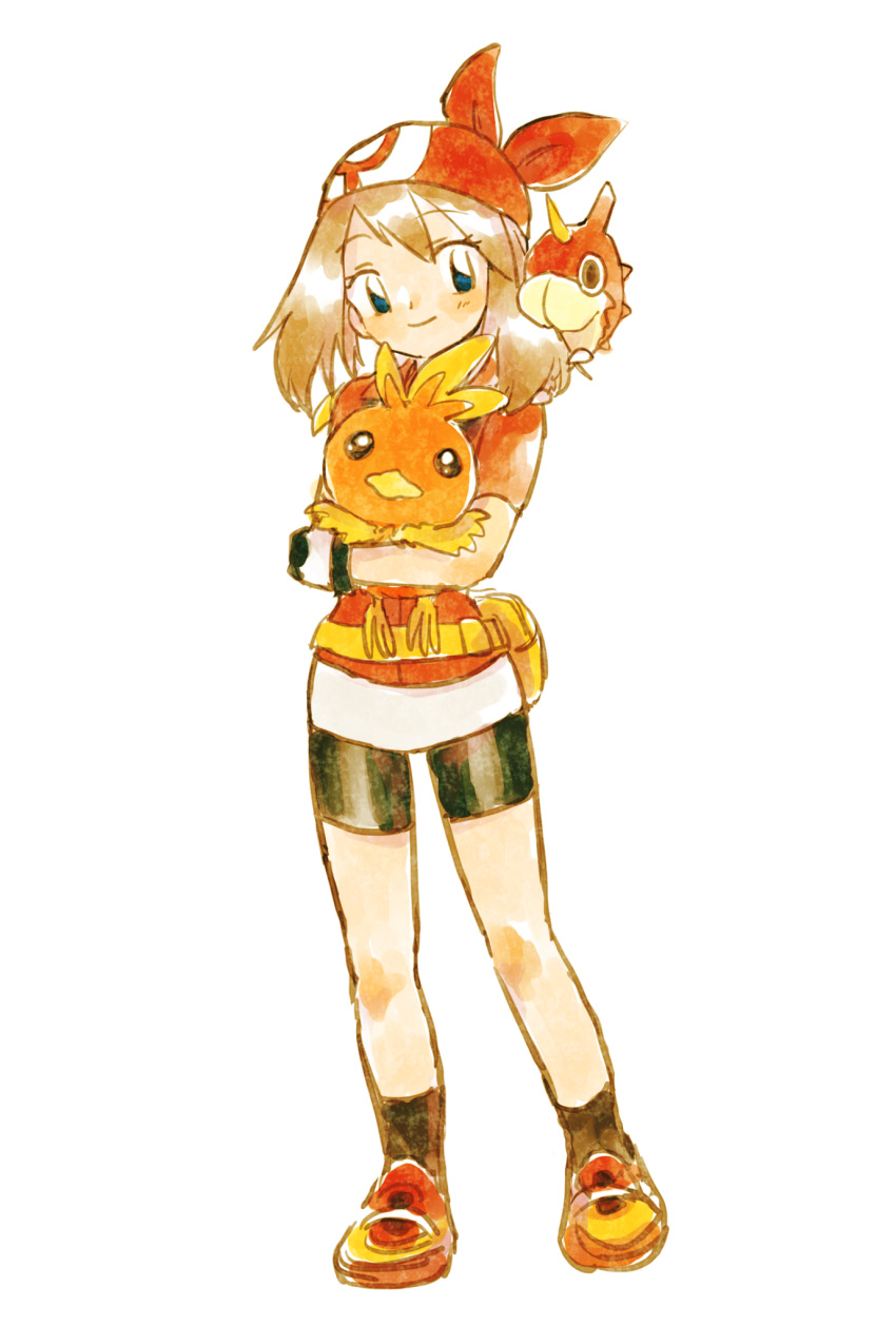 1girl, baby_animal, bird, blue_eyes, brown_hair, chick, commentary_request, fanny_pack, highres, holding, holding_pokemon, hthtmrmr, looking_at_viewer, may_(pokemon), pokemon, pokemon_(anime), pokemon_(creature), pokemon_rse_(anime), torchic, white_background, worm, wurmple