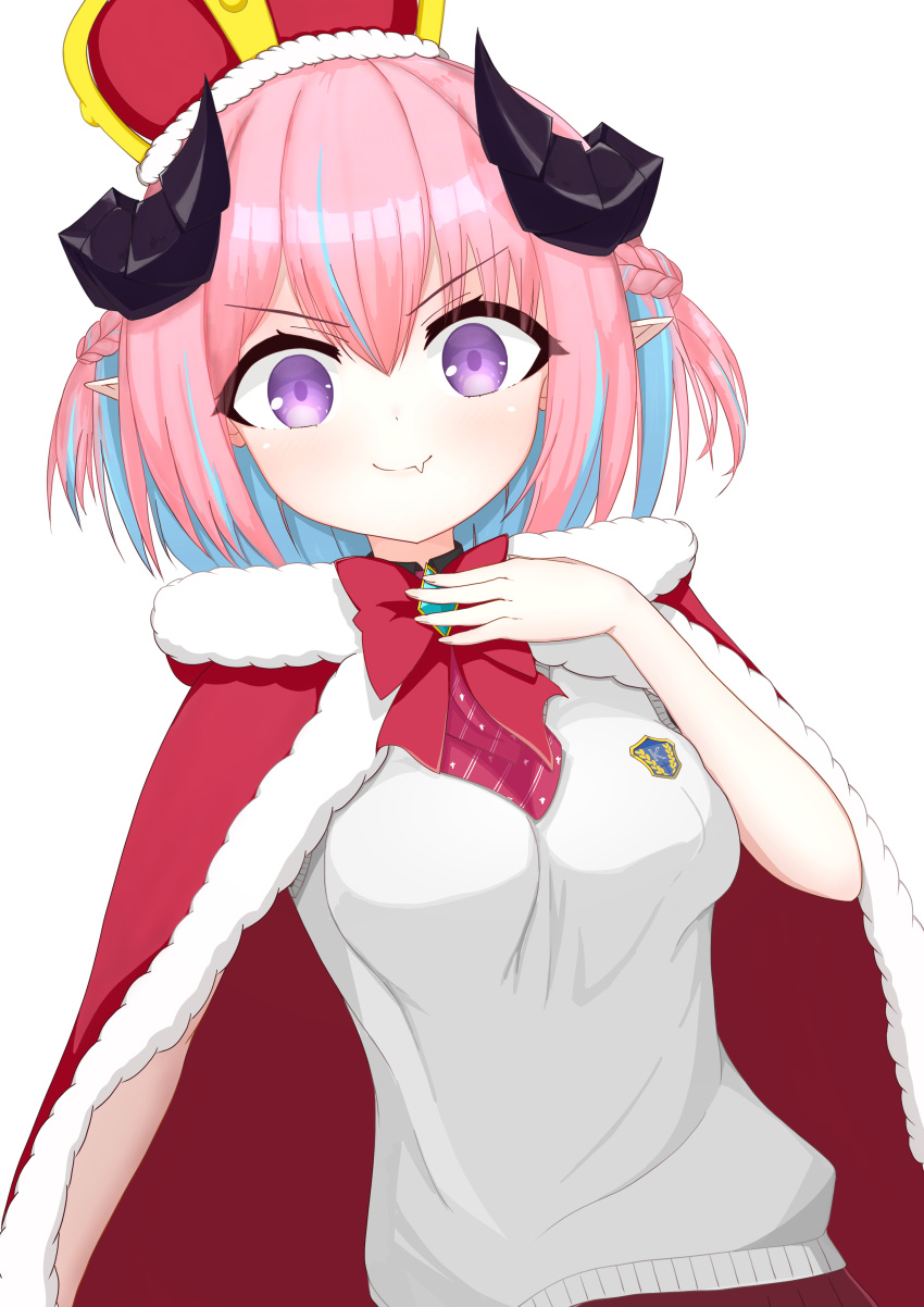 >:), 1girl, absurdres, blue_hair, bow, bowtie, braid, breasts