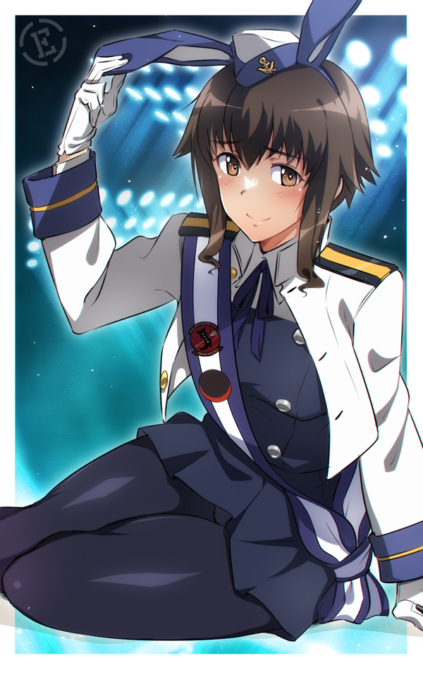 1girl, 504th_joint_fighter_wing_(emblem), alternate_costume, animal_ears, artist_logo, black_pantyhose, blue_dress, blue_ribbon, blue_sash, collared_dress, dress, em_(totsuzen_no_hakike), fake_animal_ears, garrison_cap, gloves, hat, idol, jacket, logo, long_sleeves, looking_at_viewer, neck_ribbon, open_clothes, open_jacket, pantyhose, pleated_dress, rabbit_ears, ribbon, sash, short_dress, sitting, solo, stage_lights, strike_witches:_kurenai_no_majo-tachi, takei_junko, white_gloves, white_hat, white_jacket, world_witches_series