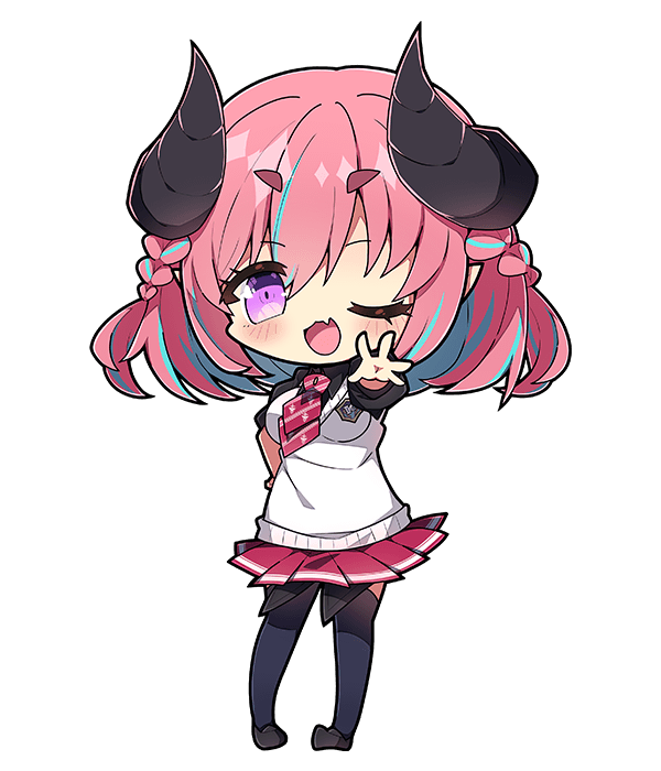 1girl, ;d, black_horns, black_shirt, black_shoes, black_thighhighs, blue_streaks, braid