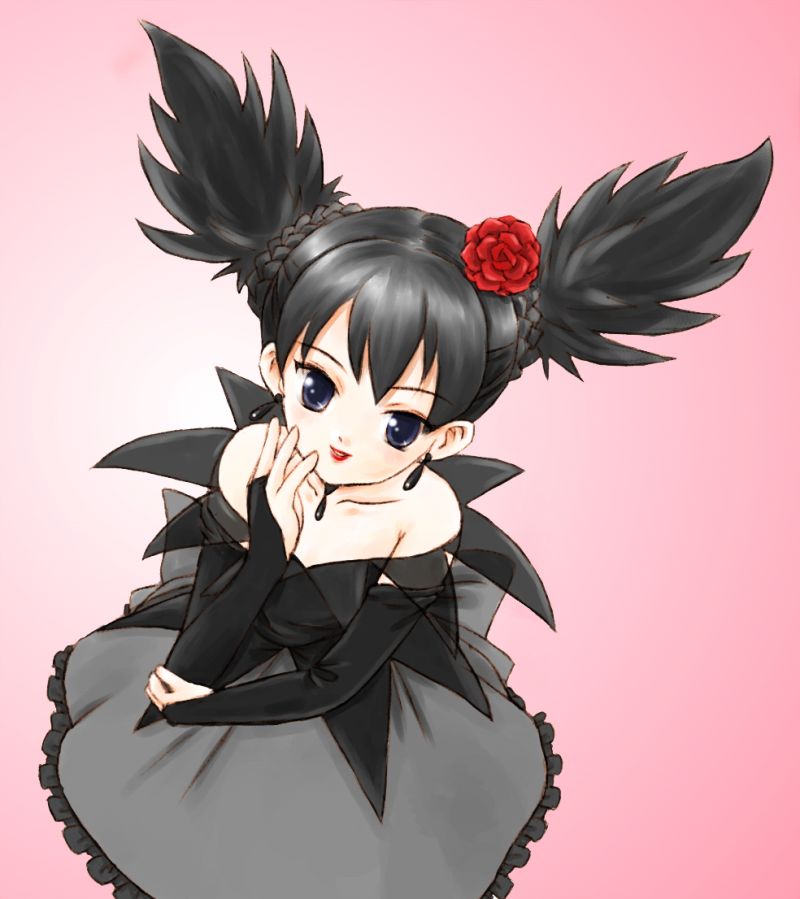 1girl, asiaaqua, bad_id, bare_shoulders, black_eyes, black_hair, black_shirt, black_skirt