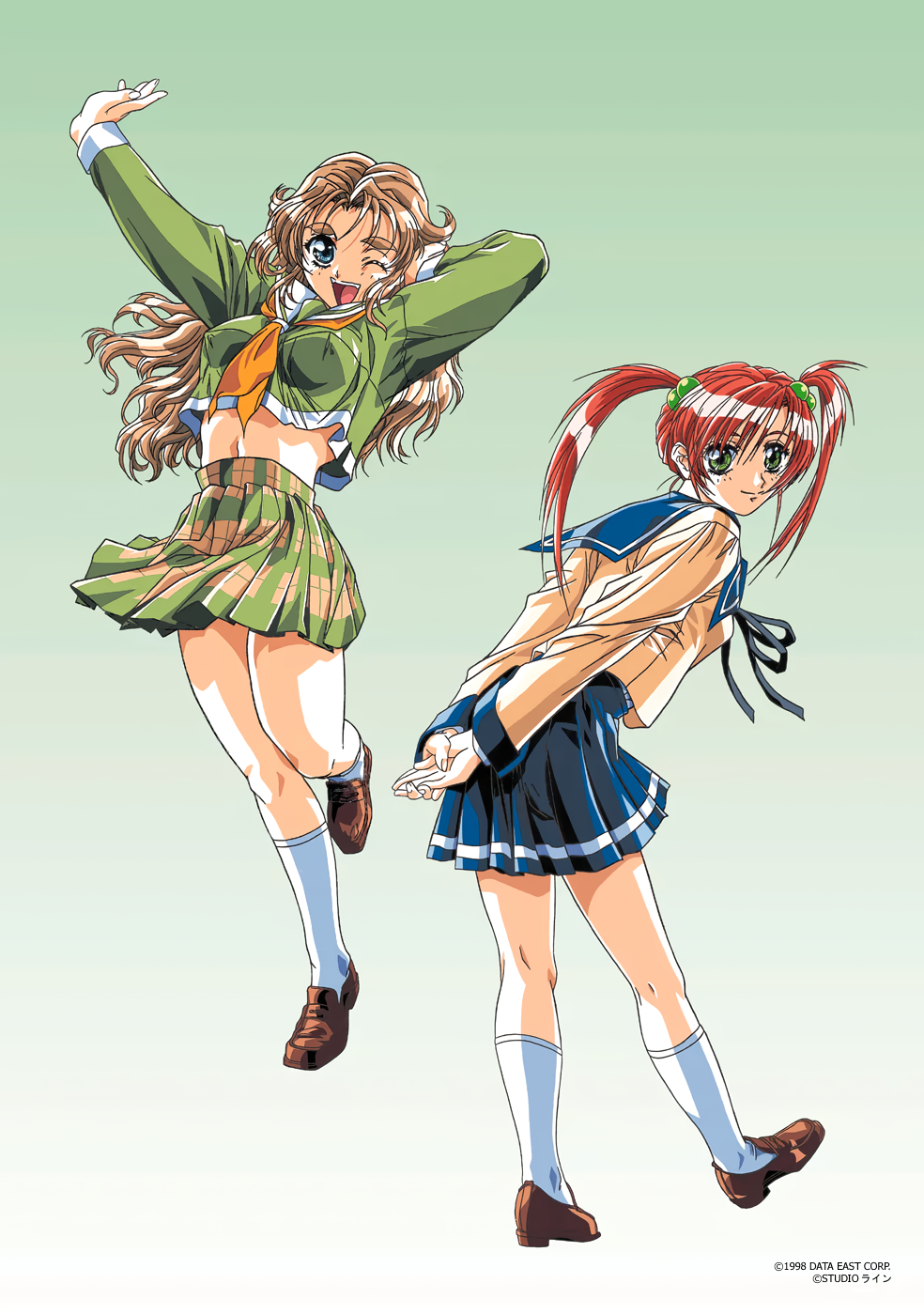 1990s_(style), 2girls, arms_behind_back, arms_up, blue_eyes, blue_skirt, brown_hair, brown_shoes