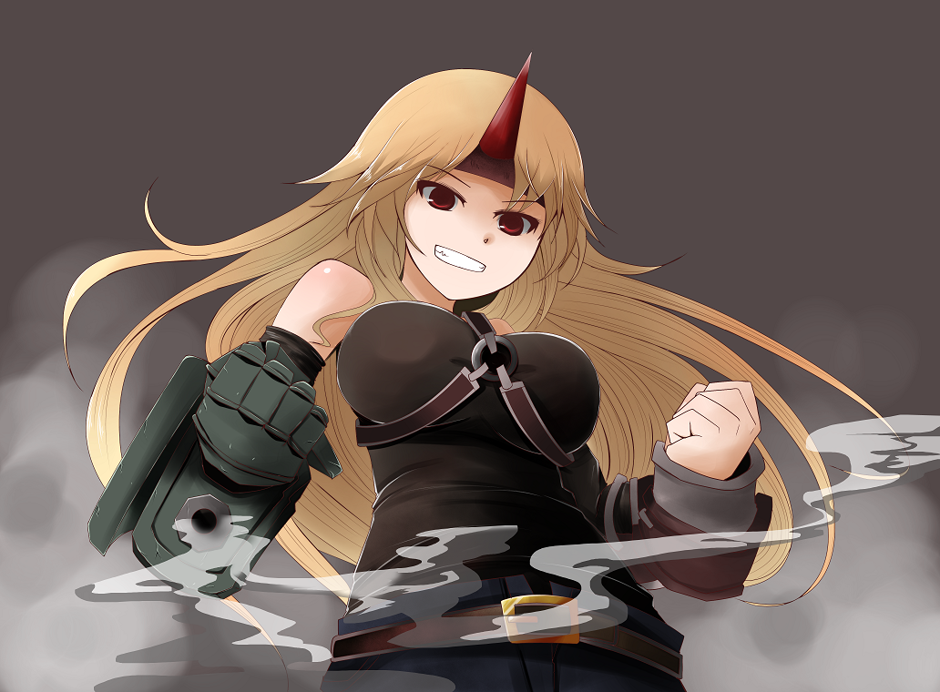 arano_oki, arm_cannon, belt, blonde_hair, contemporary, gauntlets, grin, gun
