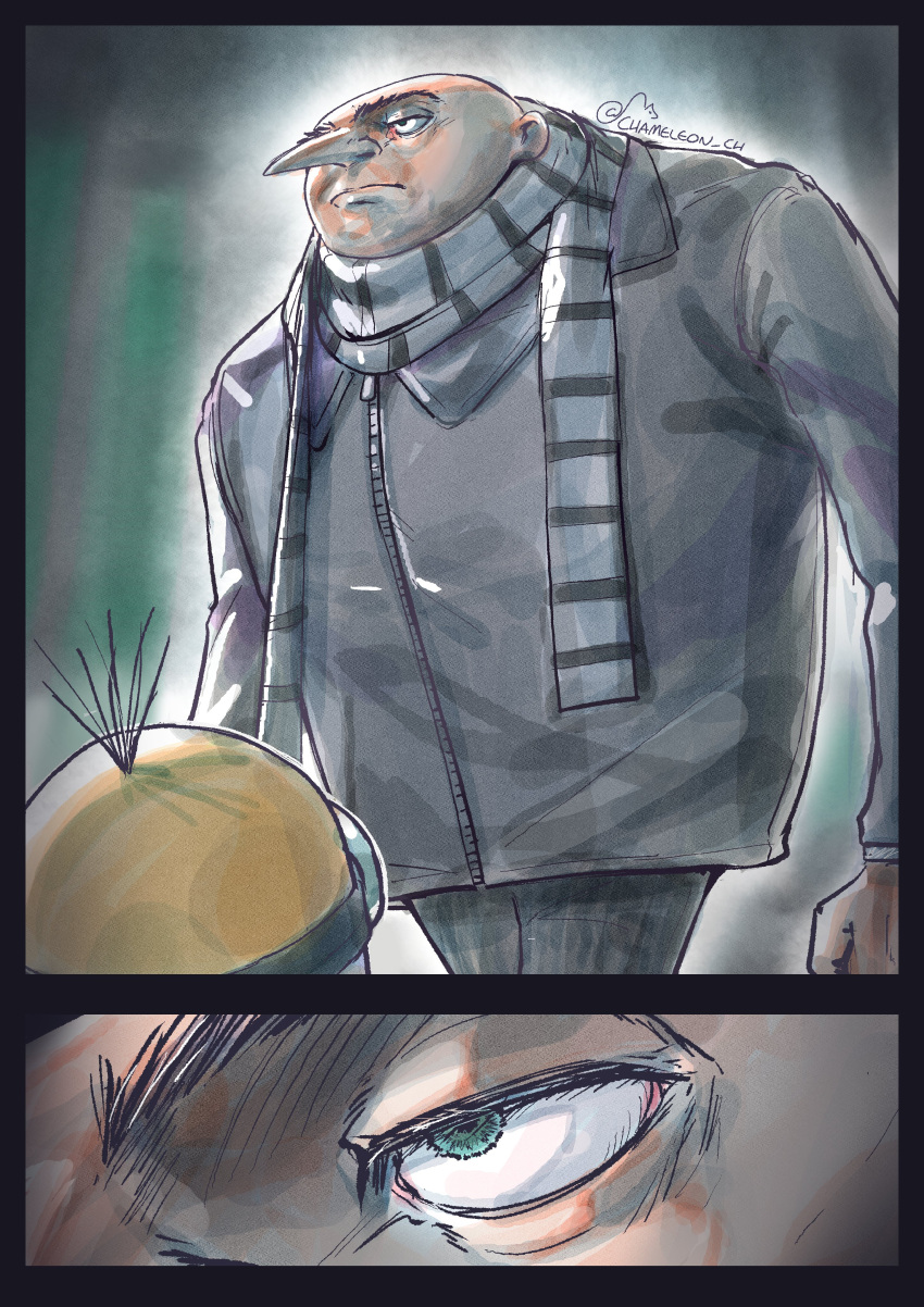 1boy, 1other, absurdres, bald, black_jacket, black_pants, chameleon_ch, clenched_hands