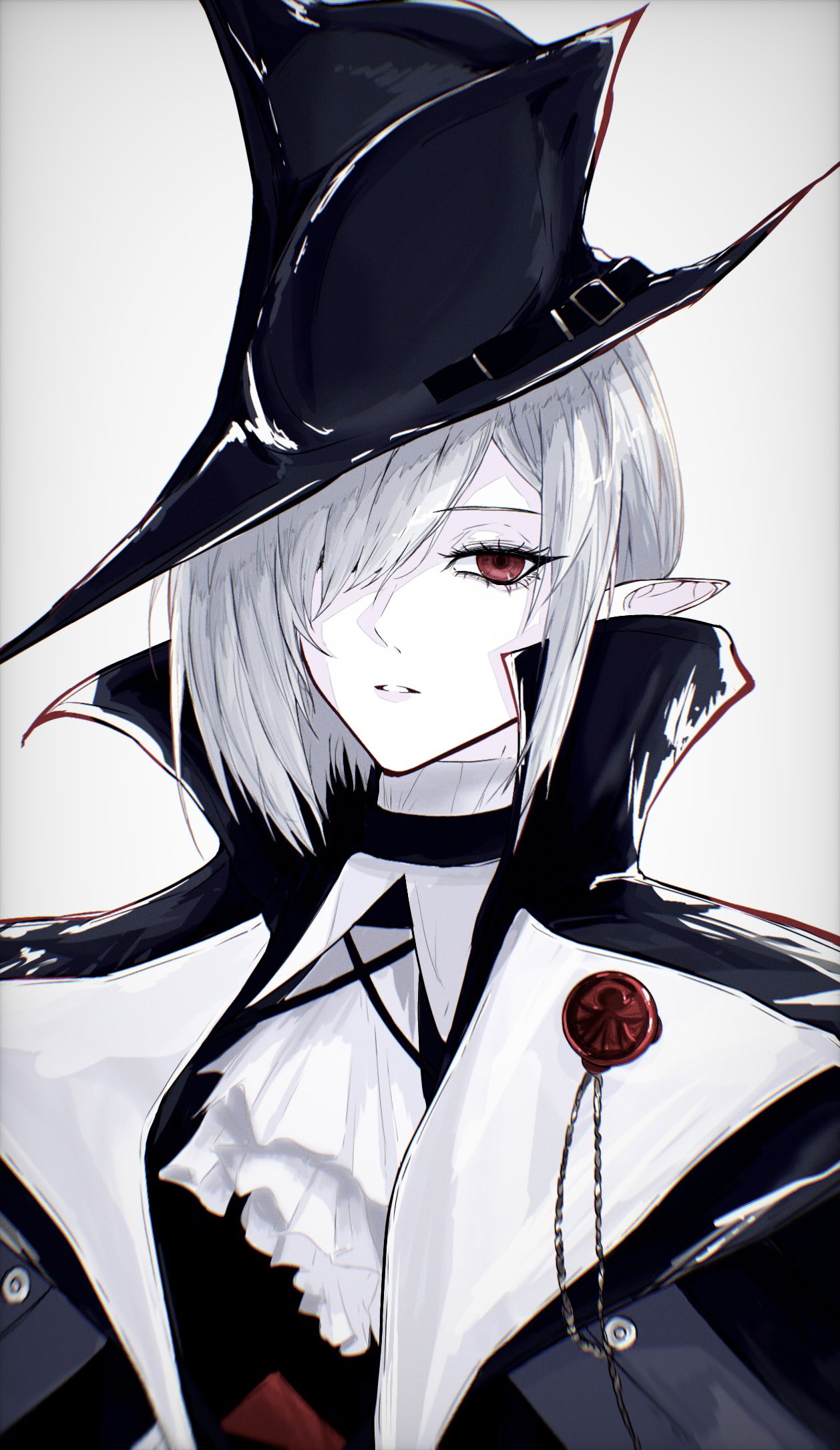 1girl, arknights, ascot, black_hat, commentary_request, expressionless, gladiia_(arknights), grey_background, hair_over_one_eye, hat, high_collar, highres, jagan_(maximum_jagan), lapel_pin, looking_at_viewer, pale_skin, parted_lips, pointy_ears, red_eyes, simple_background, solo, upper_body, white_ascot