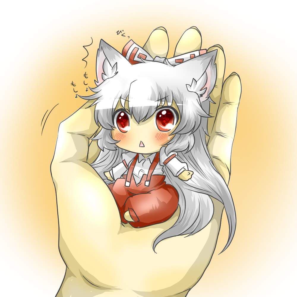 animal_ears, blush, bow, cat_ears, chibi, fujiwara_no_mokou, hair_bow, hands