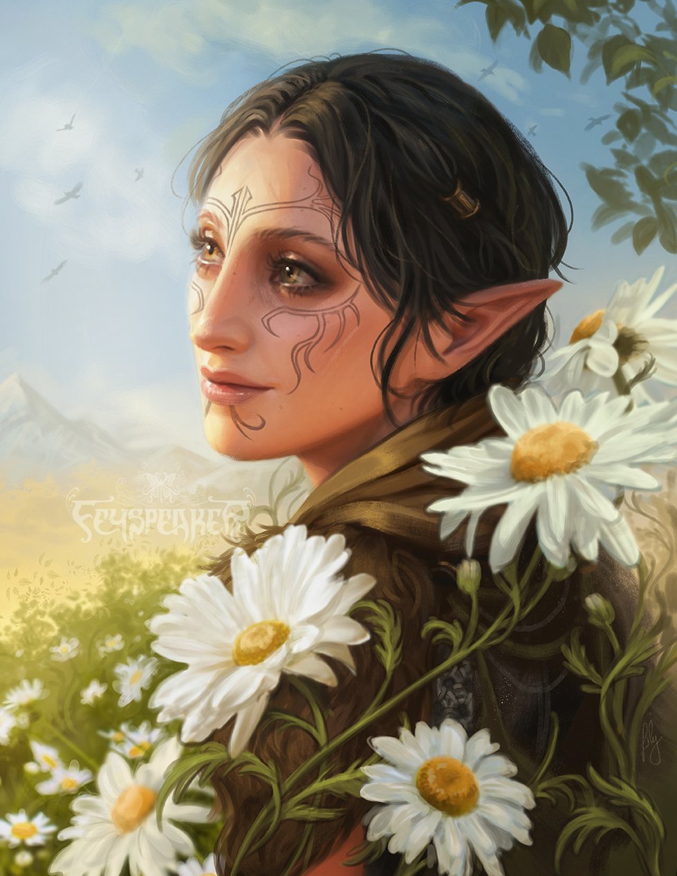 1girl, brown_hair, daisy_(flower), dragon_age, dragon_age_2, elf, facial_tattoo, feyspeaker