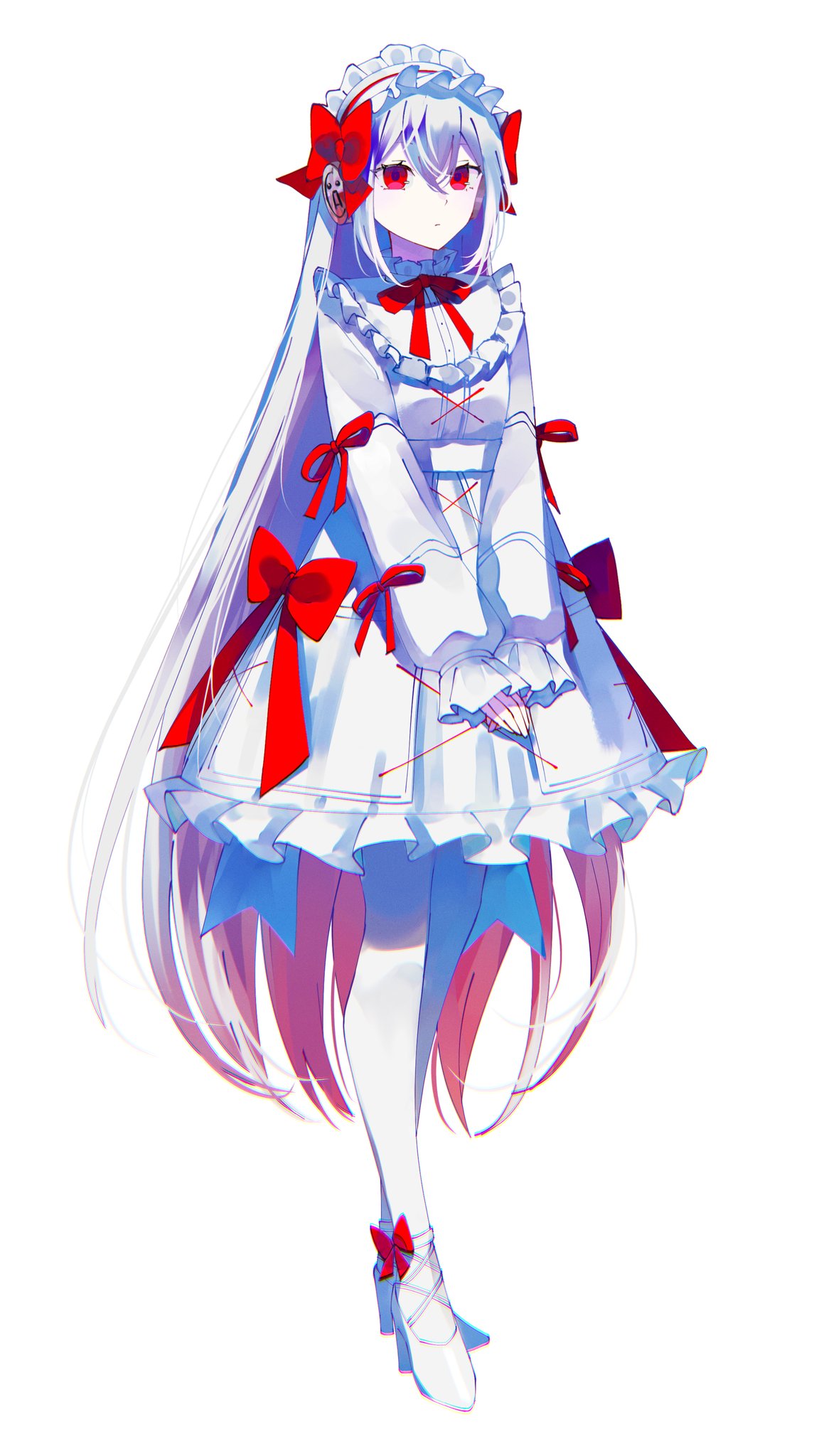 1girl, accurate_lolita_coord, alternate_costume, bow, classic_lolita, commentary, doro-c, dress, english_commentary, frilled_dress, frills, full_body, hair_between_eyes, hair_bow, hairband, hardcore_tano-c, headphones, highres, hue_shifting, j-core, logo_print, lolita_fashion, lolita_hairband, long_hair, long_sleeves, looking_at_viewer, pale_skin, pantyhose, red_bow, red_eyes, red_ribbon, renyarrh, ribbon, shoes, simple_background, solo, standing, tachi-e, very_long_hair, white_background, white_dress, white_hair, white_pantyhose, white_shoes