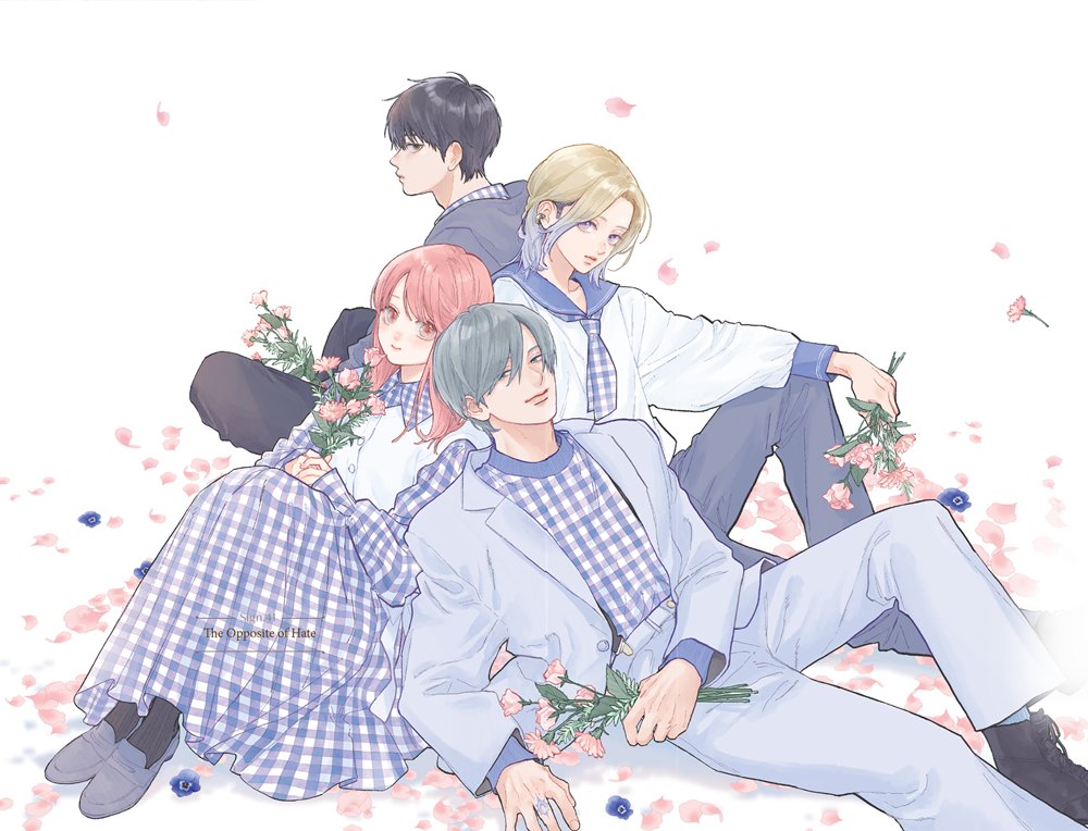 1girl, 3boys, ashioki_oushi, black_boots, black_hair, black_pants, black_socks, blonde_hair