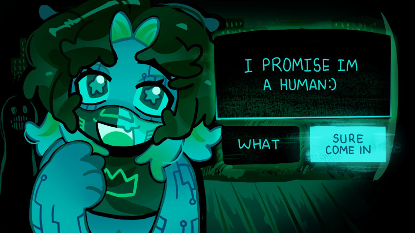 1other, androgynous, circuit_board_tattoo, commentary, crop_top, crown_print, curtained_hair, english_commentary