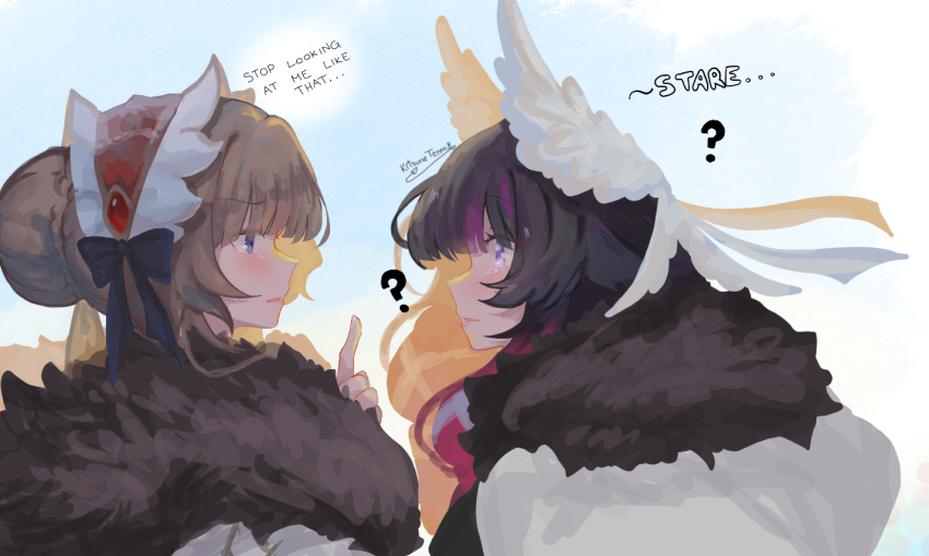 2girls, ?, black_hair, blue_eyes, blush, bonnet, brown_hair, closed_mouth